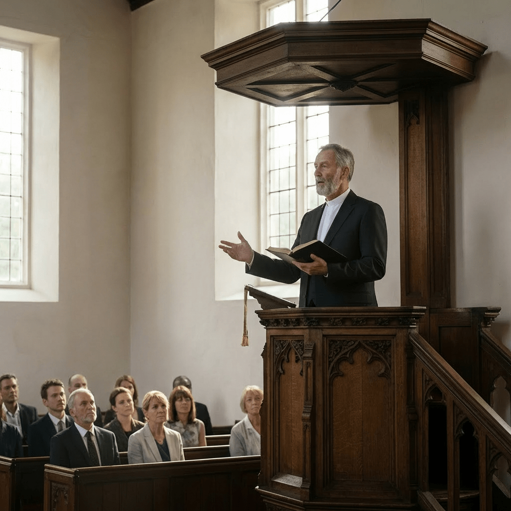 A reverend preaching from a wooden pulpit to a seated congregation in a church.