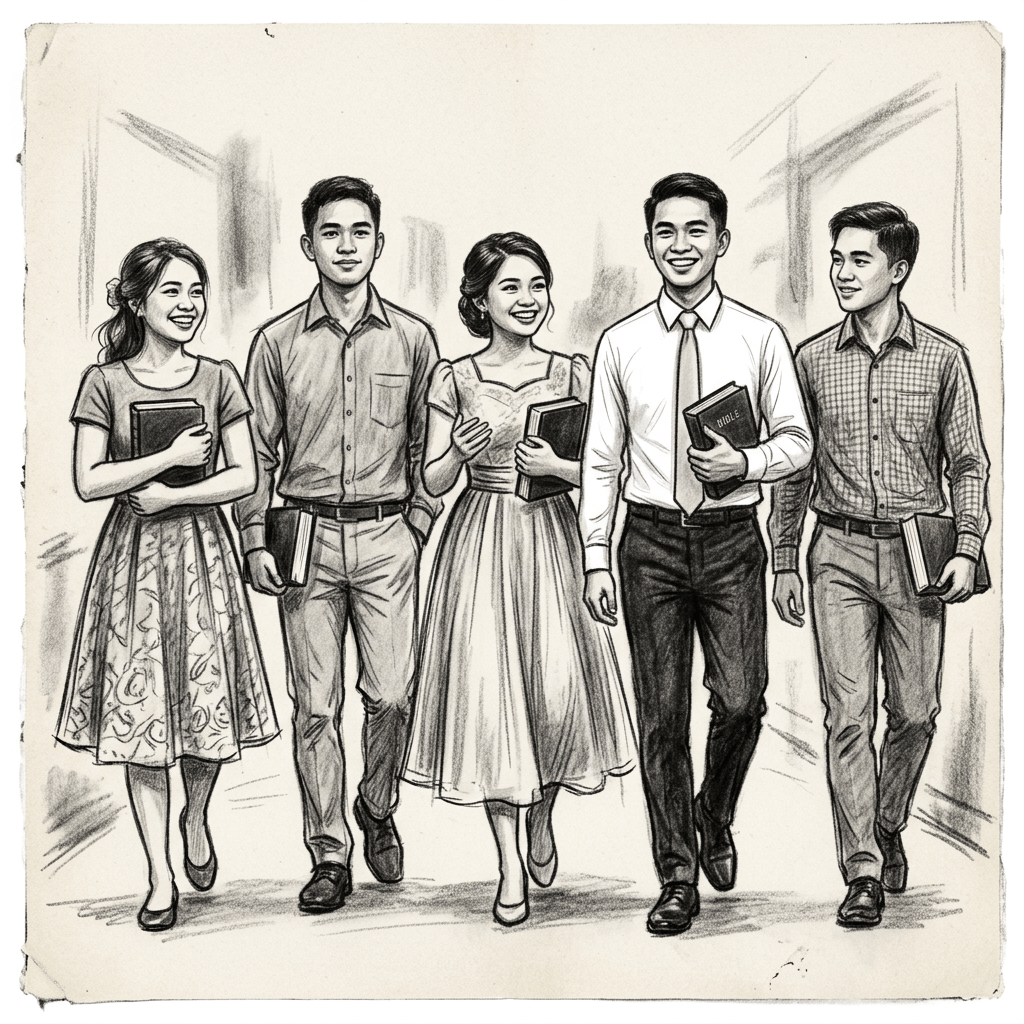 Five adults walking together while carrying Bibles