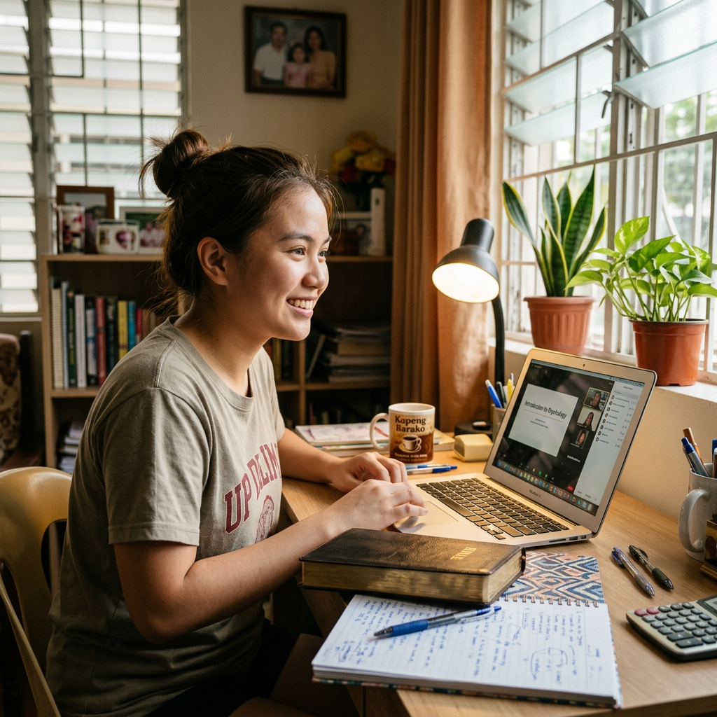 Student working at a laptop beside a sunlit window