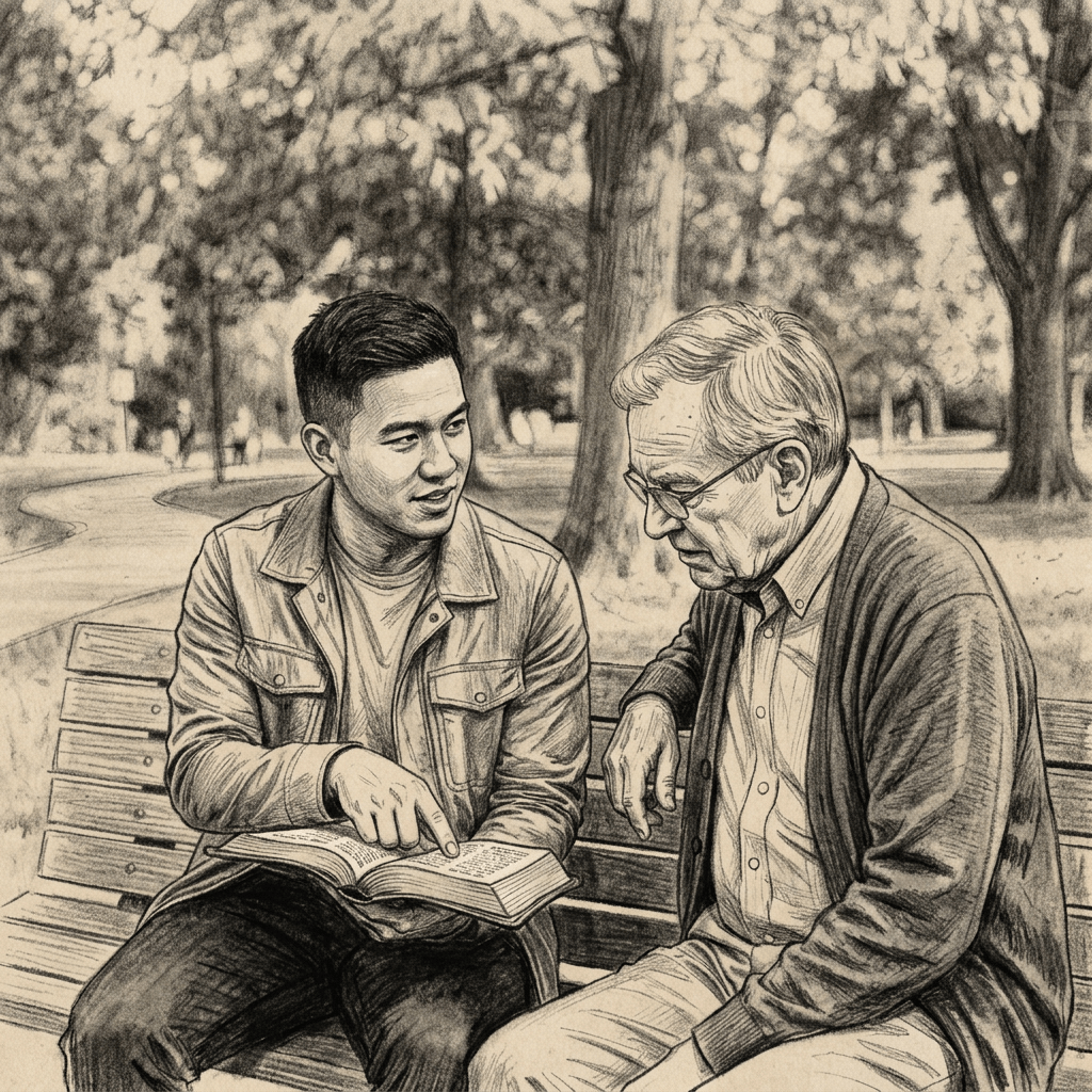 Young man showing an open book to an older man on a park bench